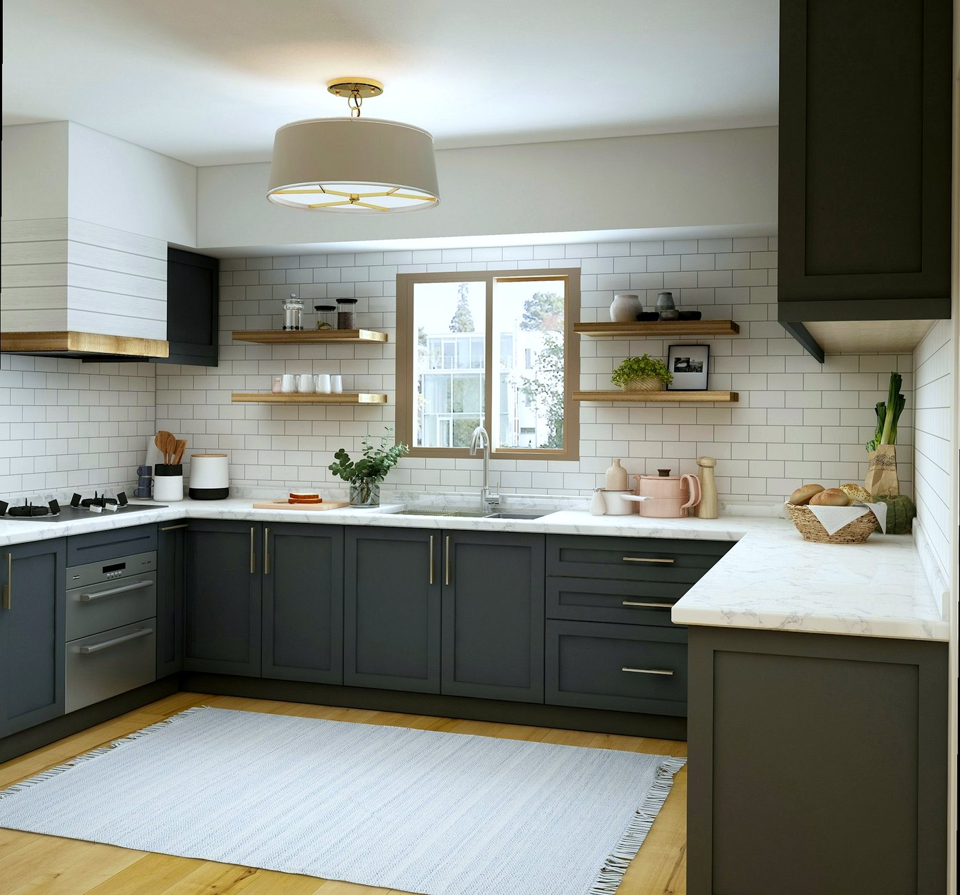 Grey shaker kitchen makeover with white worktops, subway-tiled splashback and oak flooring
